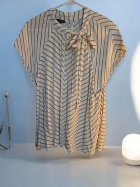 Talbots Cream Blouse with Tan Stripes and Tie-Neck